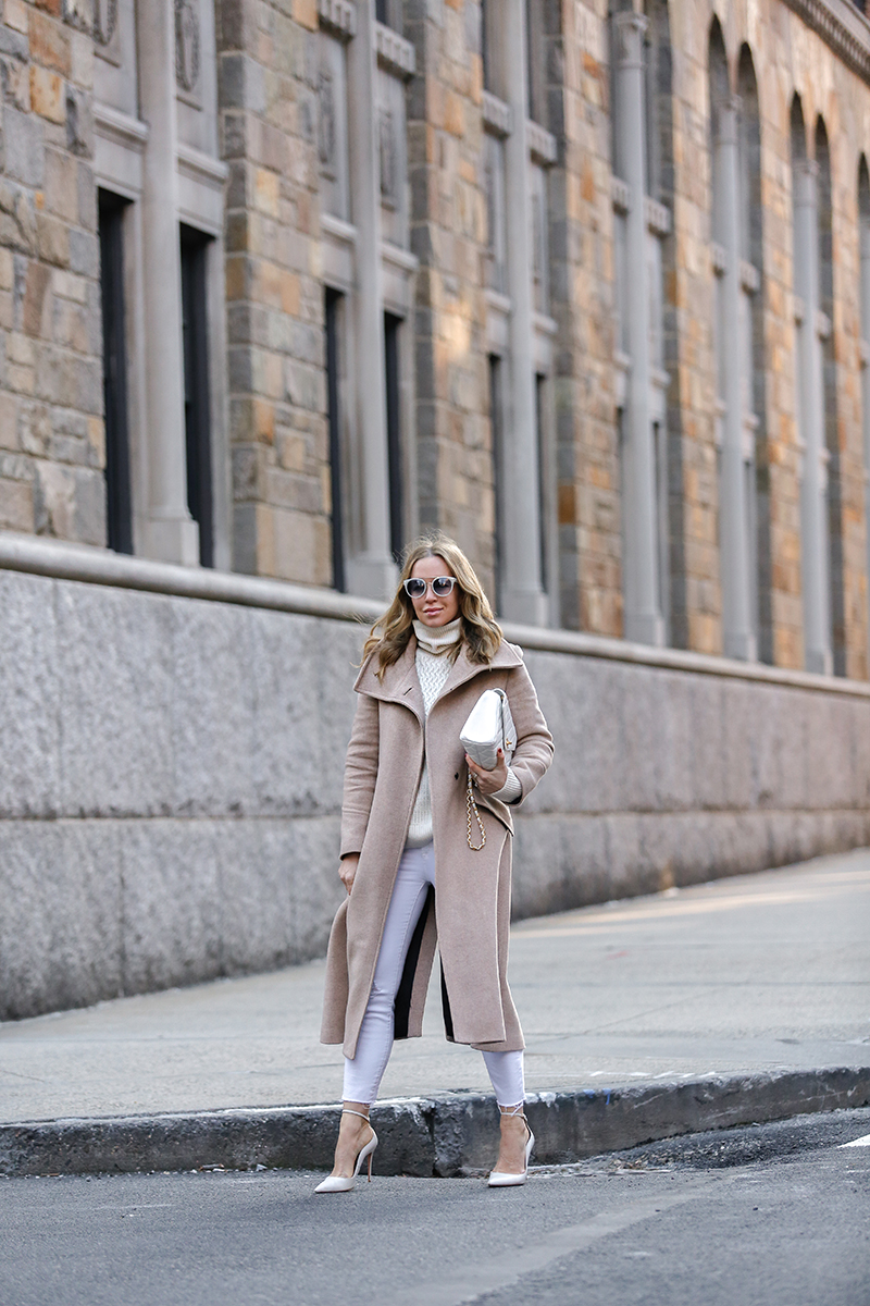 Monochromatic Winter White Outfit, Beige Wrap Coat, White Pumps, White Denim, Helena of Brooklyn Blonde