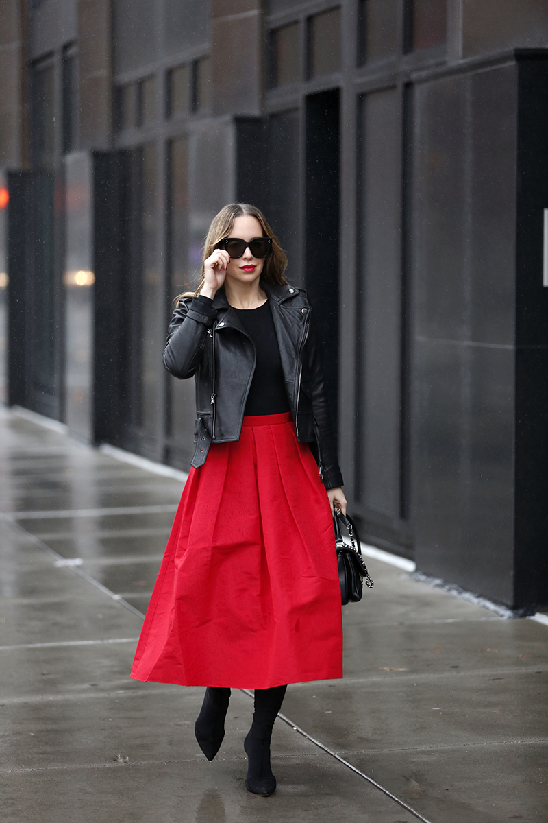 full tibi skirt red, helena glazer of Brooklyn blonde, holiday outfit idea