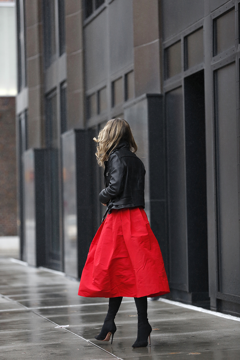 full tibi skirt red, helena glazer of Brooklyn blonde, holiday outfit idea 