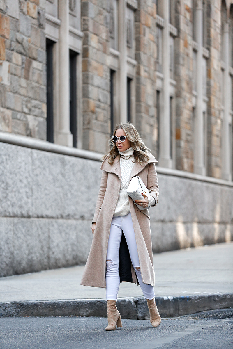 Monochromatic Winter White Outfit, Beige Wrap Coat, Beige Booties, White Denim, Helena of Brooklyn Blonde