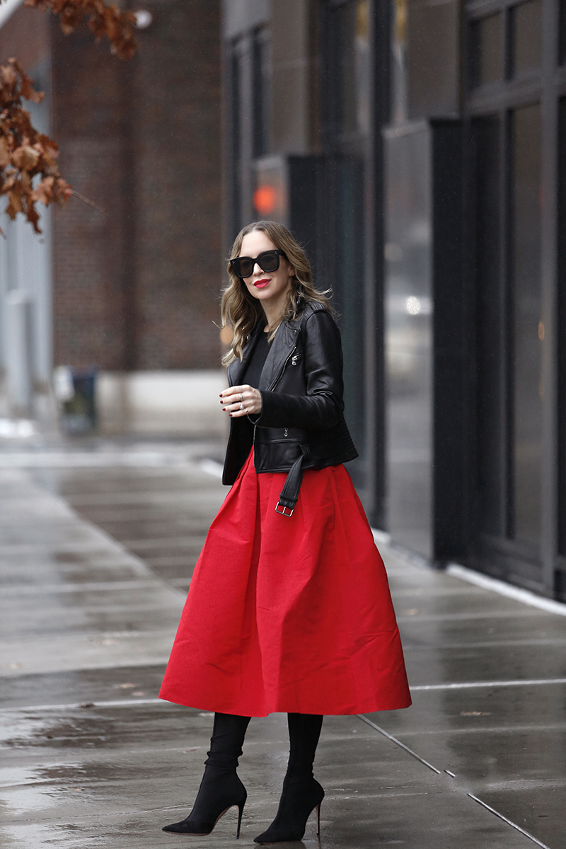 full tibi skirt red, helena glazer of Brooklyn blonde, holiday outfit idea 