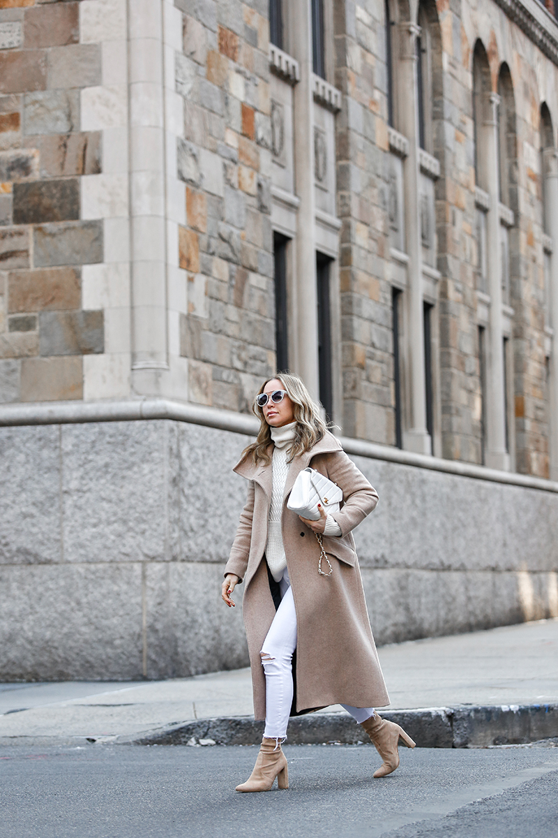 Monochromatic Winter White Outfit, Beige Wrap Coat, Beige Booties, White Denim, Helena of Brooklyn Blonde