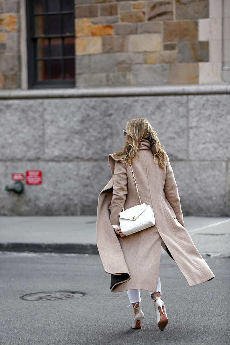 Winter White - Beige Wrap Coat, White Pumps, Chanel White Jumbo Classic Bag , Helena of Brooklyn Blonde