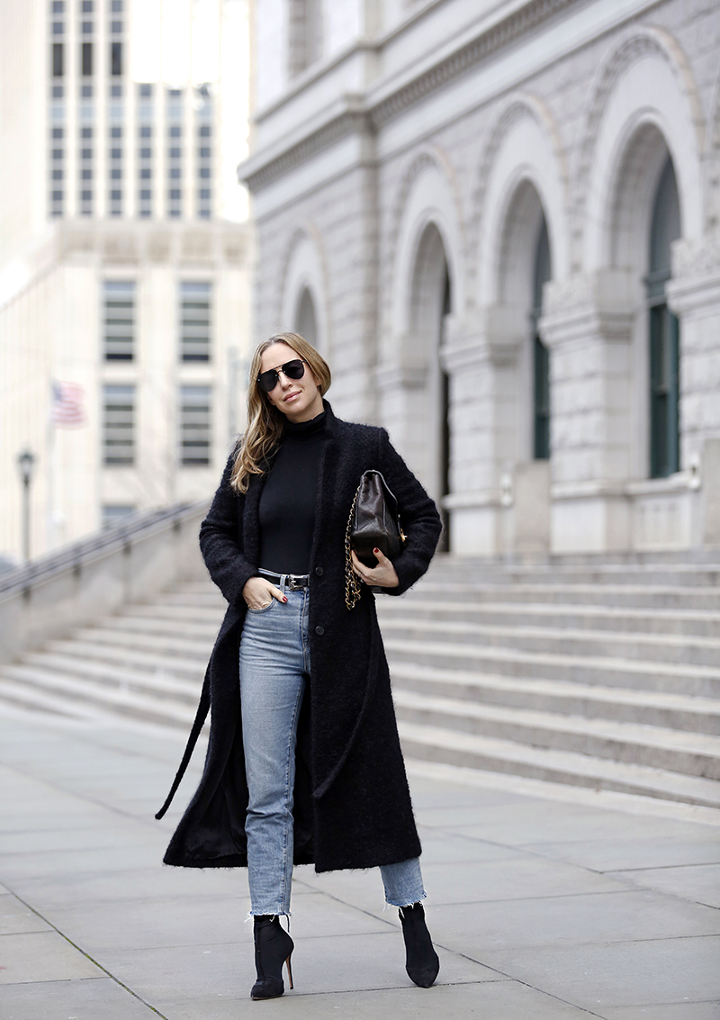 Aritzia Black Wool Coat, Something Navy Jeans, Wolford Bodysuit, NYC Street Style, Helena of Brooklyn Blonde