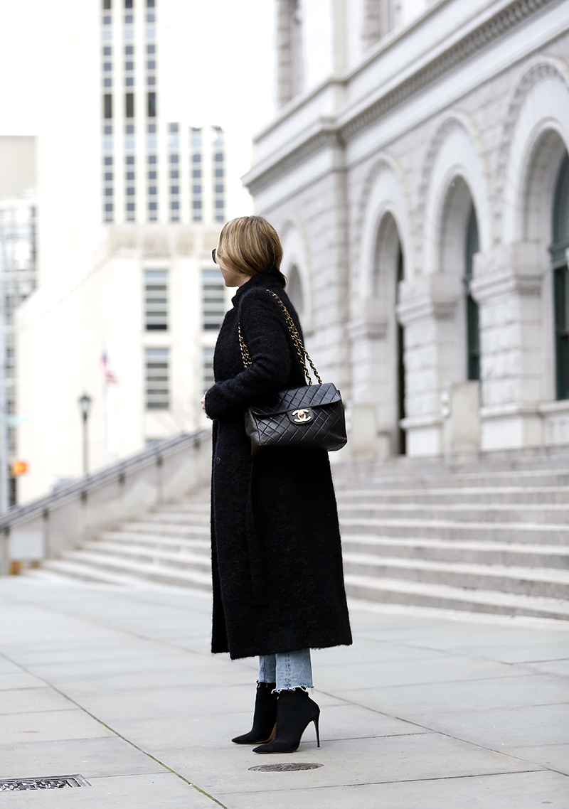 Aritzia Black Wool Coat, Winter Outfit, Vintage Chanel Jumbo Bag, Helena of Brooklyn Blonde