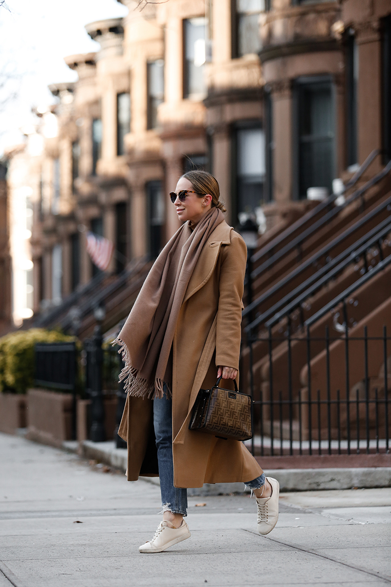 Camel Coat From Sneakers to Heels | Camel Coat Outfit, Fendi Defender Bag, Casual Winter Look, Helena of Brooklyn Blonde