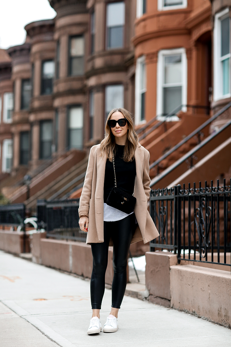 Weekend Casual Style - Commando Faux Leather Leggings, Camel Coat by Helena of Brooklyn Blonde