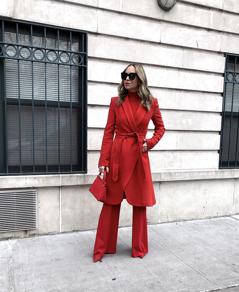 Alice+Olivia Karley Mock Neck Red Wrap Coat, Alice+Olivia Paulette Slim High Waist Red Pant, Alice+Olivia Lanie High Neck Red Pullover, All Red Outfit, NYFW 2019, Helena of Brooklyn Blonde