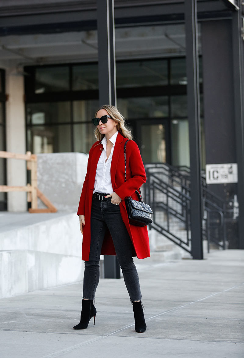 Vince Red Wool Coat, Dark Wash Raw Hem Skinny Jeans, Winter Style, Helena of Brooklyn Blonde