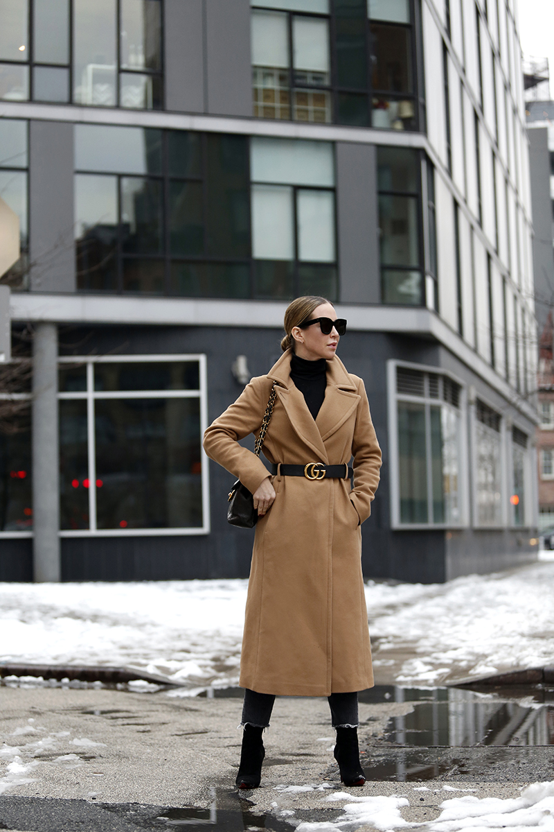 Outfit details: Mackage Babie Camel Coat, Gucci Marmont Belt, Classic Camel Coat Outfit by Helena of Brooklyn Blonde