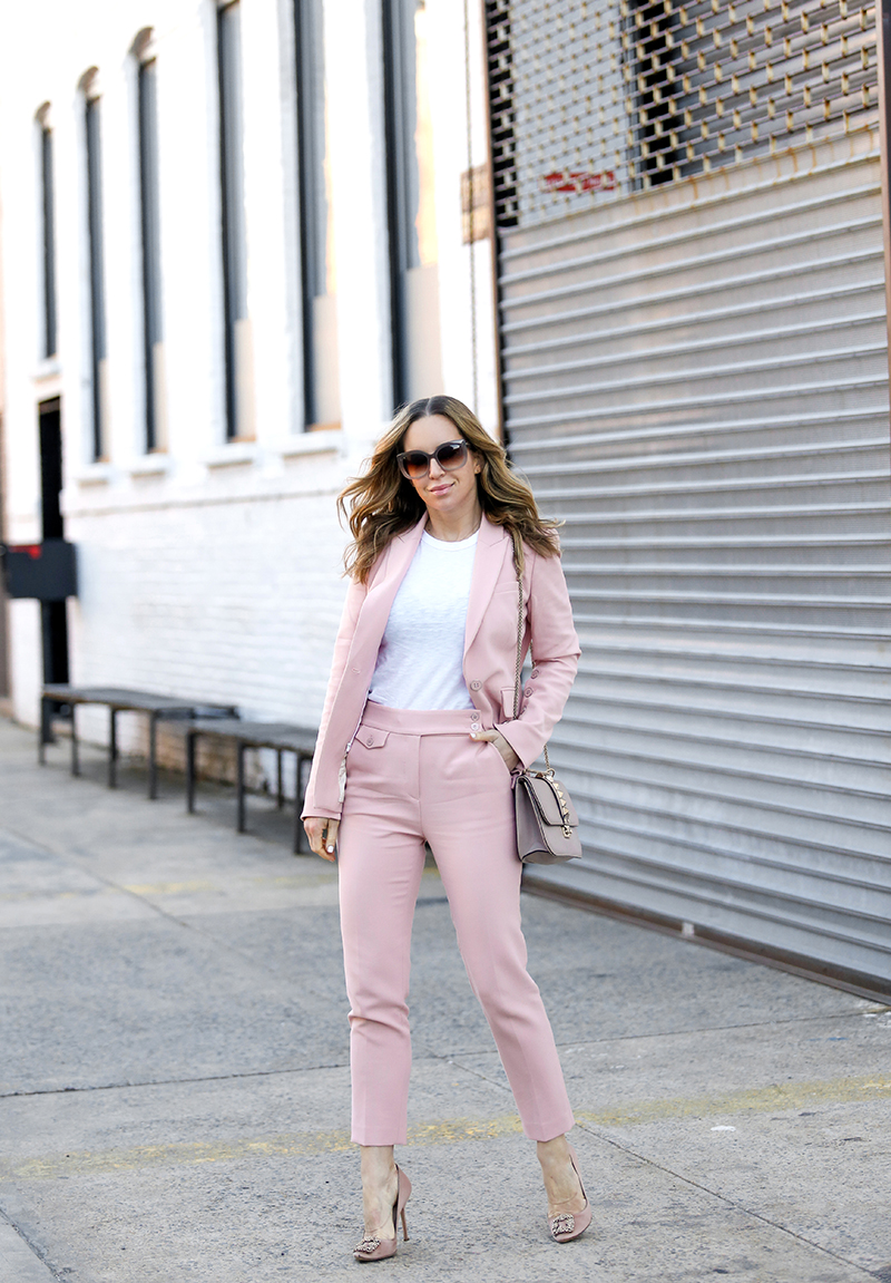 Veronica Beard Pink Suit, Manolo Blahnik Pink Satin Heels, Spring Outfit by Helena of Brooklyn Blonde