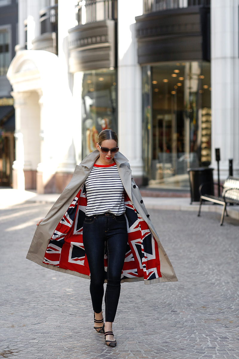 Boden Whitstable Trench Coat in Khaki, Boden Striped Crew Neck Breton Tee, Boden Mayfair Modern Skinny Jeans, Fendi Mesh Slingback Pumps, Helena of Brooklyn Blonde