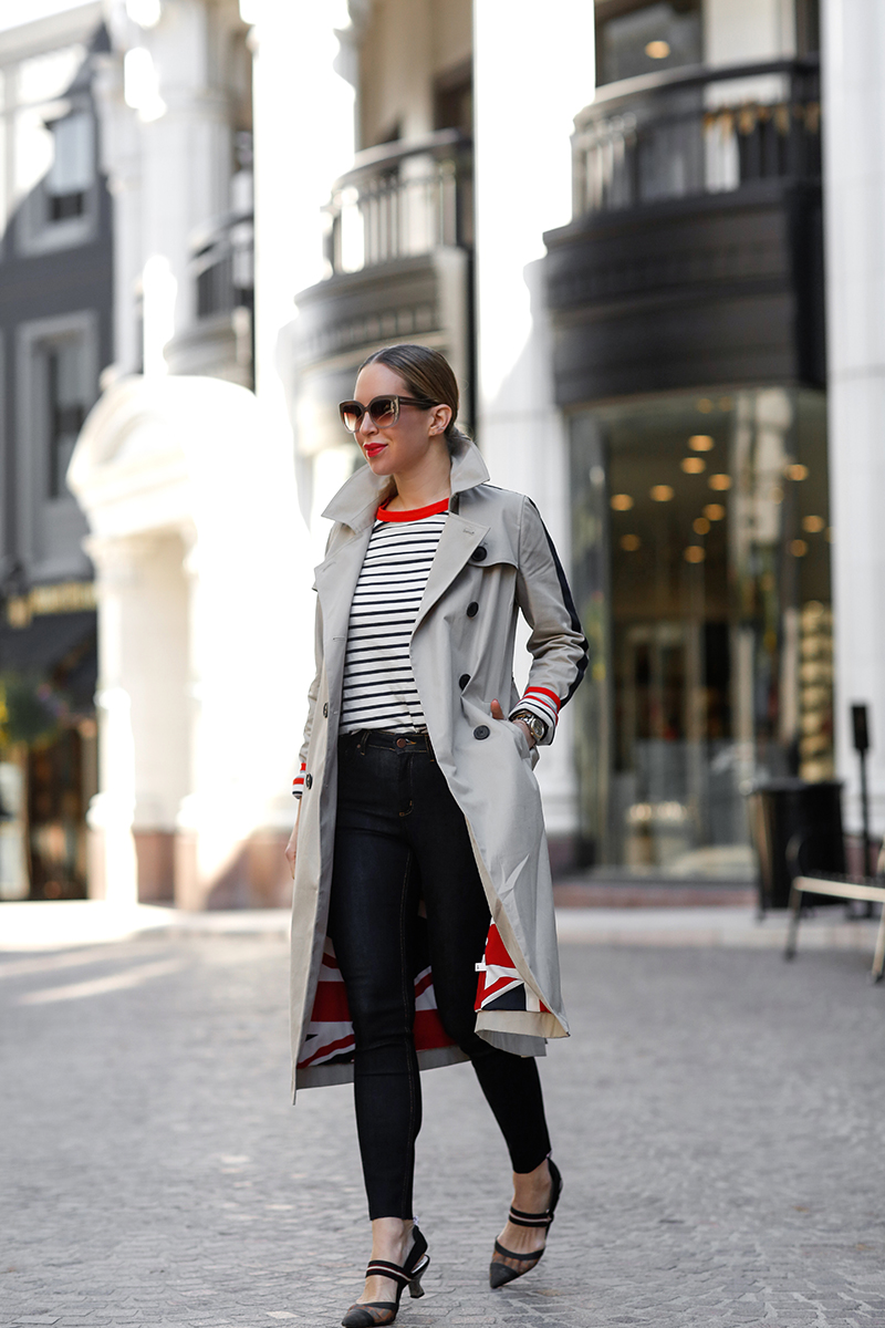 Boden Whitstable Trench Coat in Khaki, Boden Striped Crew Neck Breton Tee, Boden Mayfair Modern Skinny Jeans, Fendi Mesh Slingback Pumps, Helena of Brooklyn Blonde