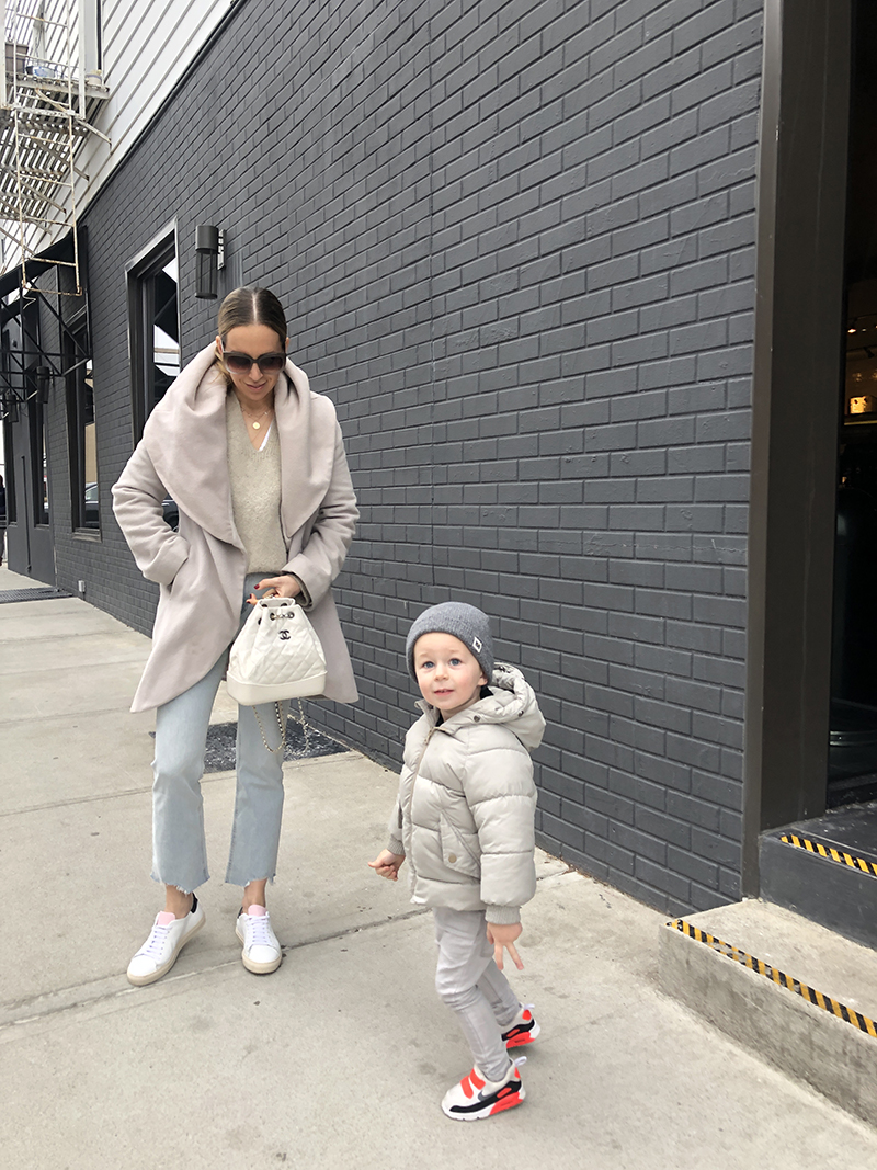 Styling Sneakers: Three Easy (Mom) Outfits - Coat, sweater and jeans
