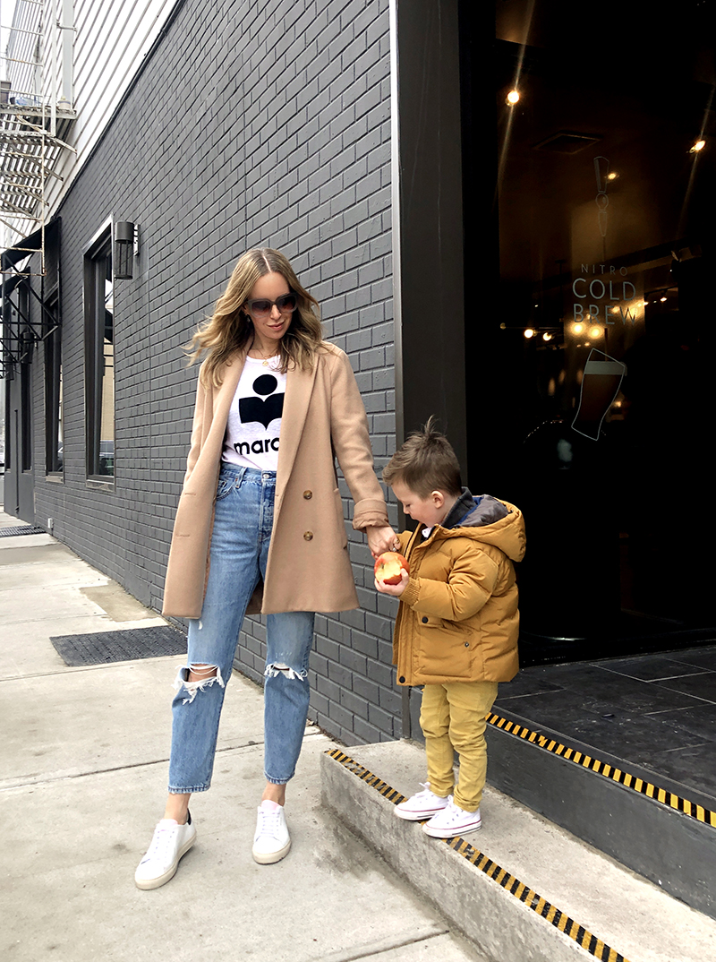 Styling Sneakers: Three Easy (Mom) Outfits - camel coat, jeans and tee