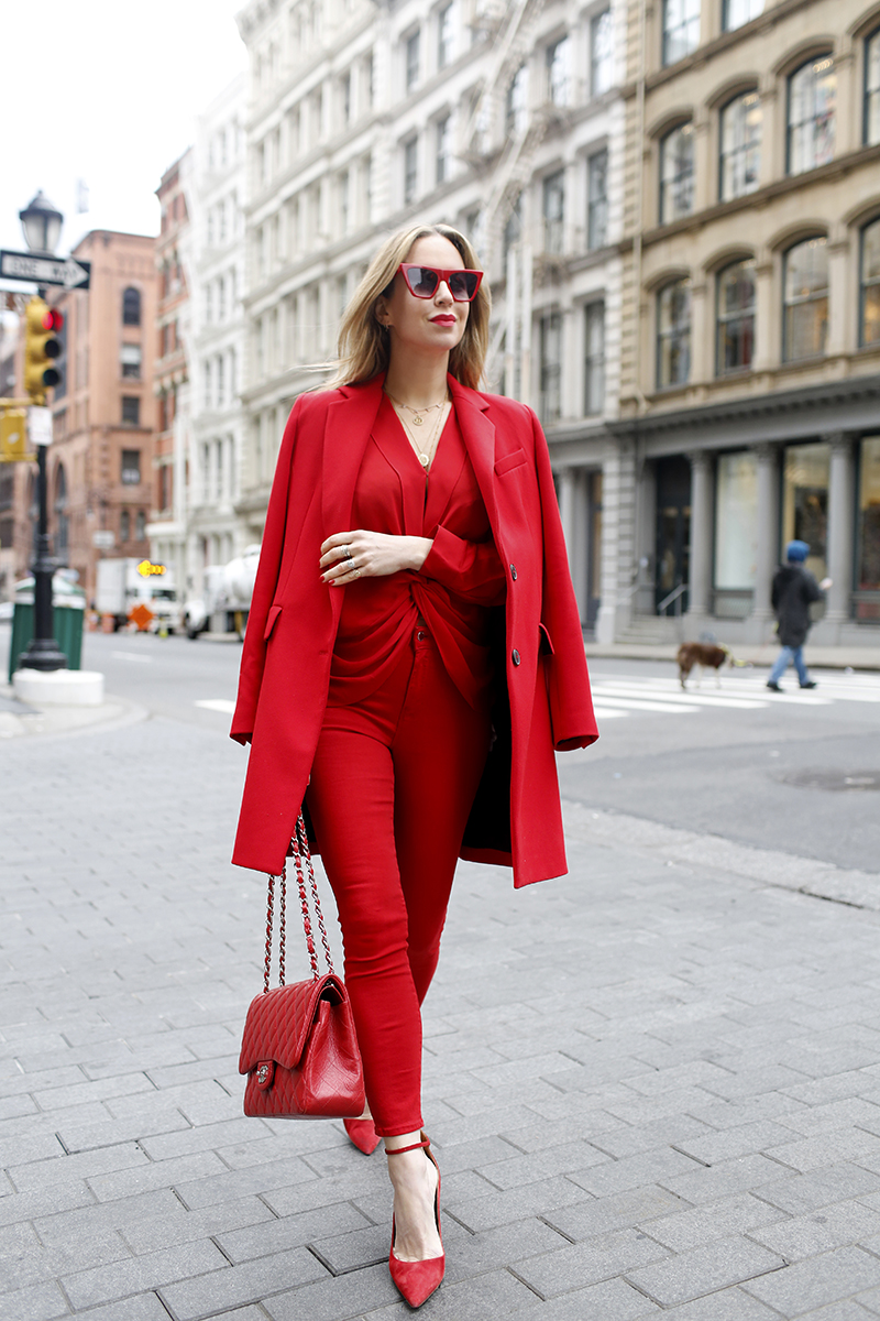 red monochromatic outfit, all red outfit, L'Agence Red Margot Jean, L'Agence Red Mariposa Blouse, Helena of Brooklyn Blonde