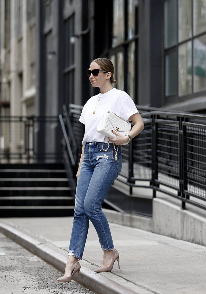 Casual Spring Outfit details: Topshop White Tee, AGolde Jaime High-Rise Classic Jeans, Manolo Blahnik BB Pointy Toe Taupe Suede Pump, Chanel White Bag, Helena of Brooklyn Blonde