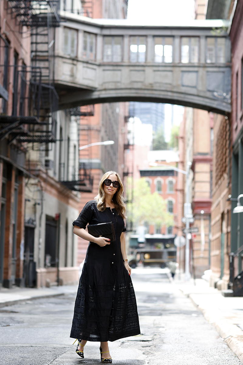 A Black Dress for Spring Summer, Malone Souliers Maureen Polka Dot Mules, Summer Outfit Idea, Helena of Brooklyn Blonde
