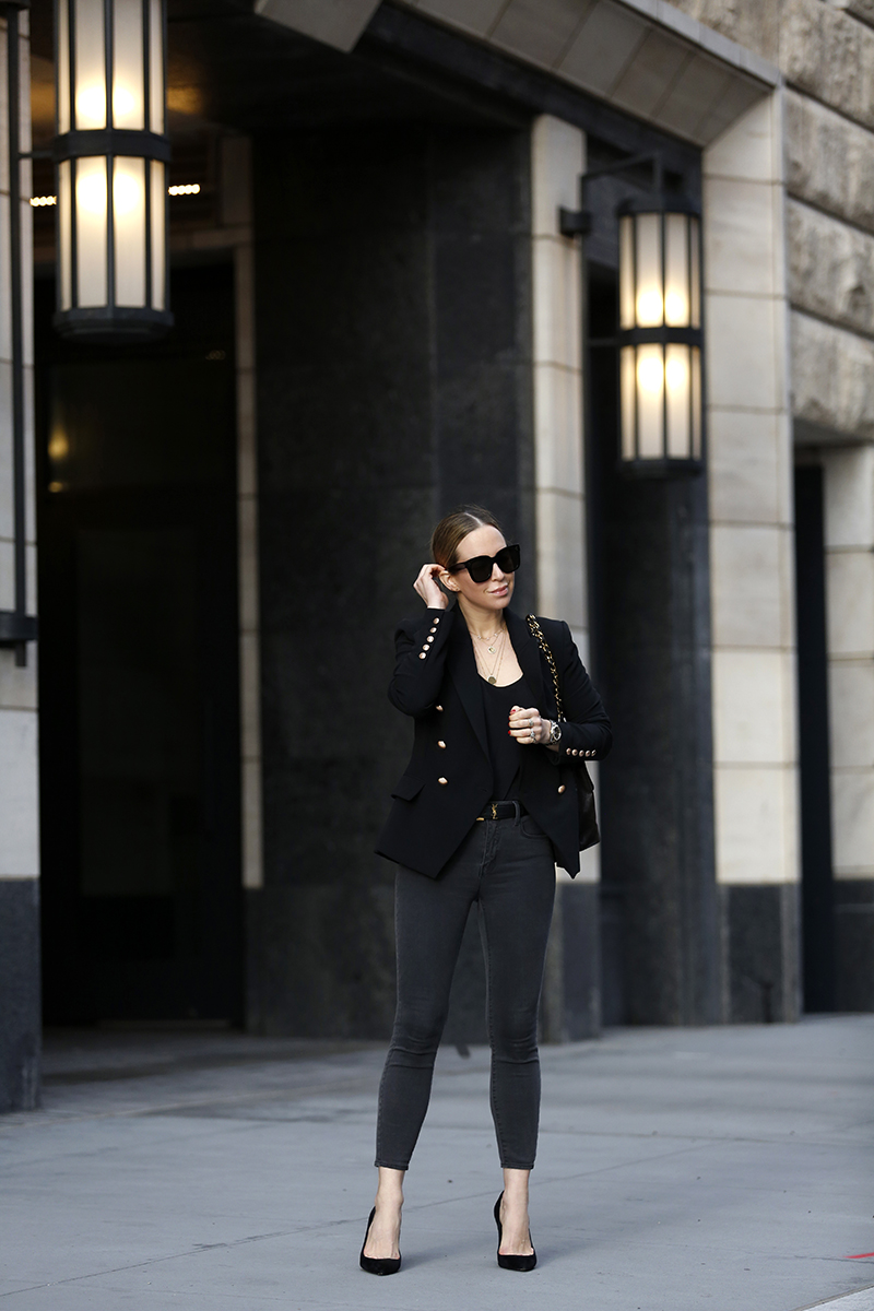 L'Agence Black Kenzie Double Breasted Blazer, L'Agence Margot High Rise Skinny Jean in Noir, L'Agence Black Jane Spaghetti Silk Cami, Celine Tilda Sunglasses, All Black Everything, All Black Outfit, Helena of Brooklyn Blonde