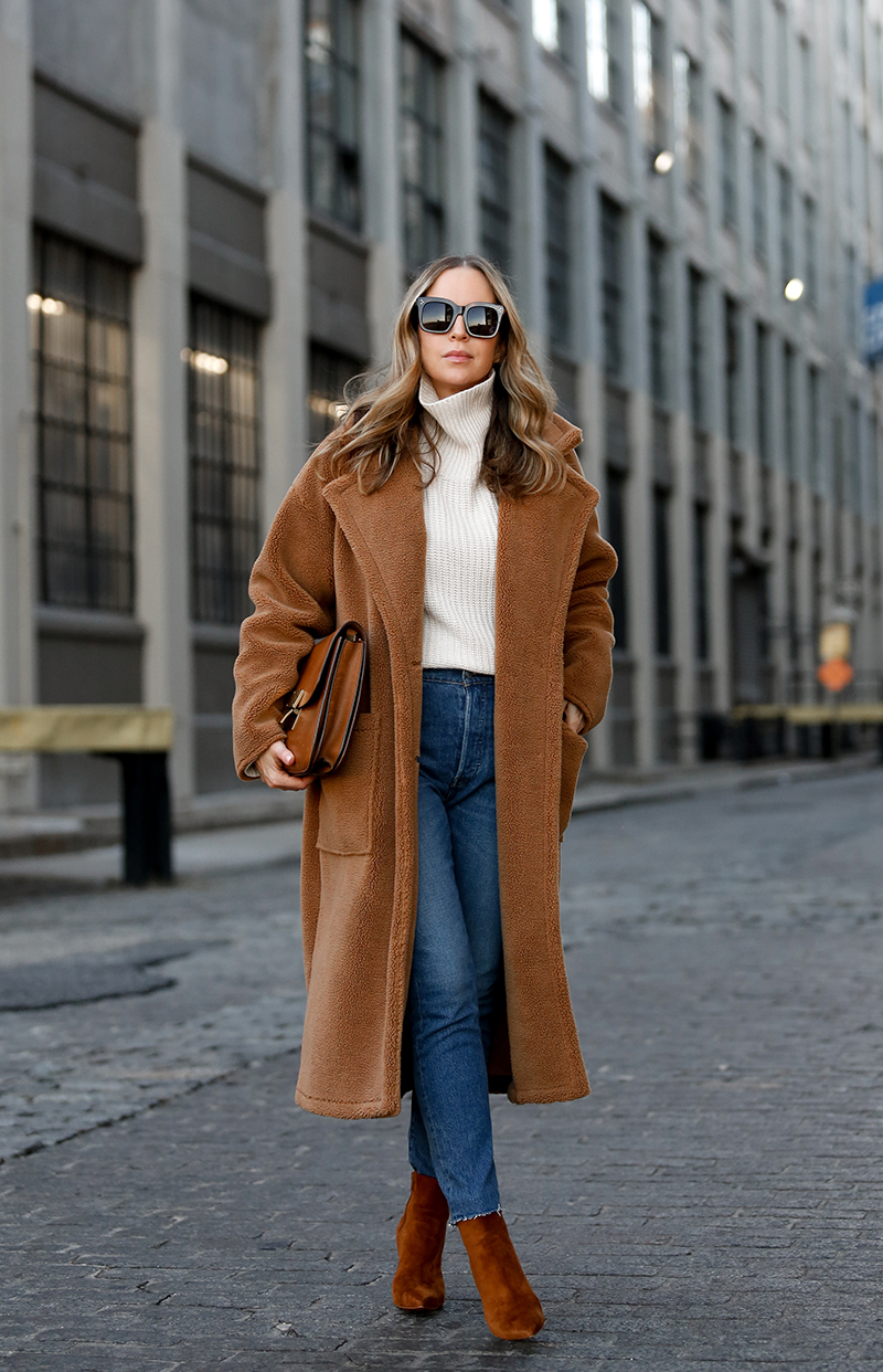 Verishop, Billie the Label Bronte Shearling Trench Coat, Billie the Label Marie Oversized Turtleneck Sweater, Teddy Coat, Helena of Brooklyn Blonde