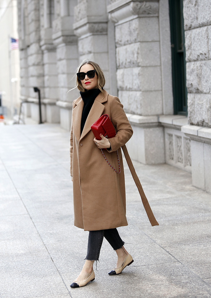Brooklyn Blonde Blogger, Helena Glazer sharing wearing Coat: H&M, Denim: Something Navy, Turtleneck Sweater: Similar, Flats: Chanel, Bag: Chanel 14C Red, Lipstick: Sephora Lipstories #35, Sunglasses: Celine Tilda