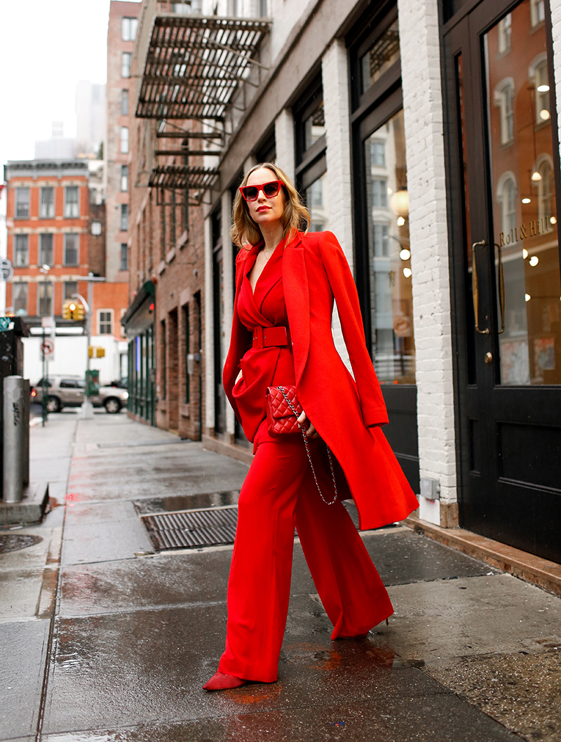 Red Monochromatic Statement Outfit, All Red Outfit, Helena of Brooklyn Blonde