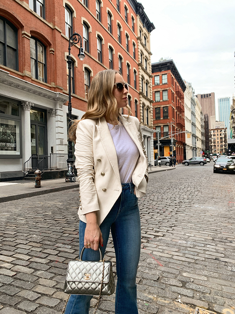 Brooklyn Blonde Blogger Helena Glazer wearing Flared Denim, white shirt, and blazer