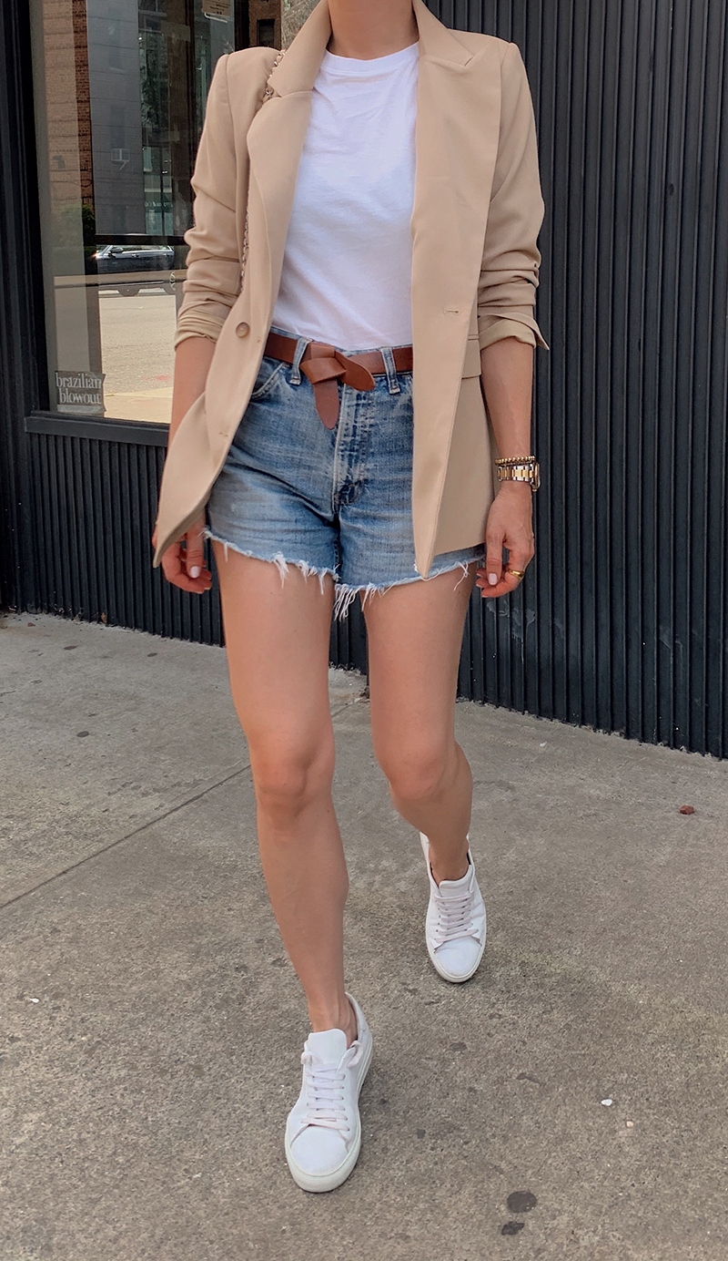 Five Outfits Ive Been Wearing Recently Camel Blazer Outfit, Denim Shorts, Summer Street Style, Helena of Brooklyn Blonde