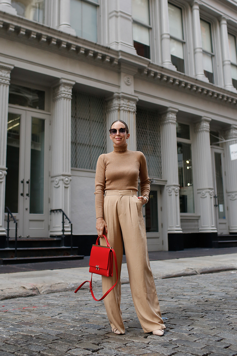 Camel Coat, All Camel Outfit, Fall Neutral Style 2020, Bruno Magli Red Concertina Top-Handle Satchel Handbag, Helena of Brooklyn Blonde