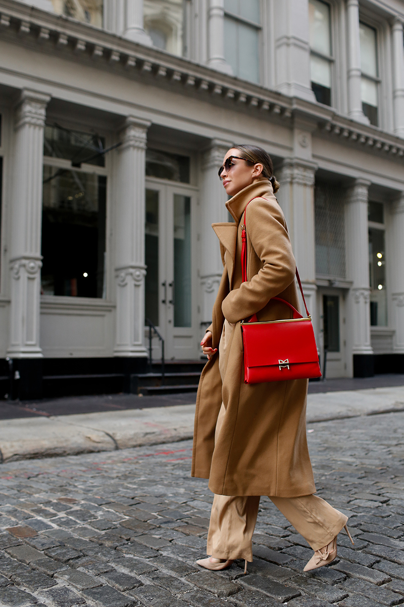 Camel Coat, All Camel Outfit, Fall Neutral Style 2020, Bruno Magli Red Concertina Top-Handle Satchel Handbag, Helena of Brooklyn Blonde