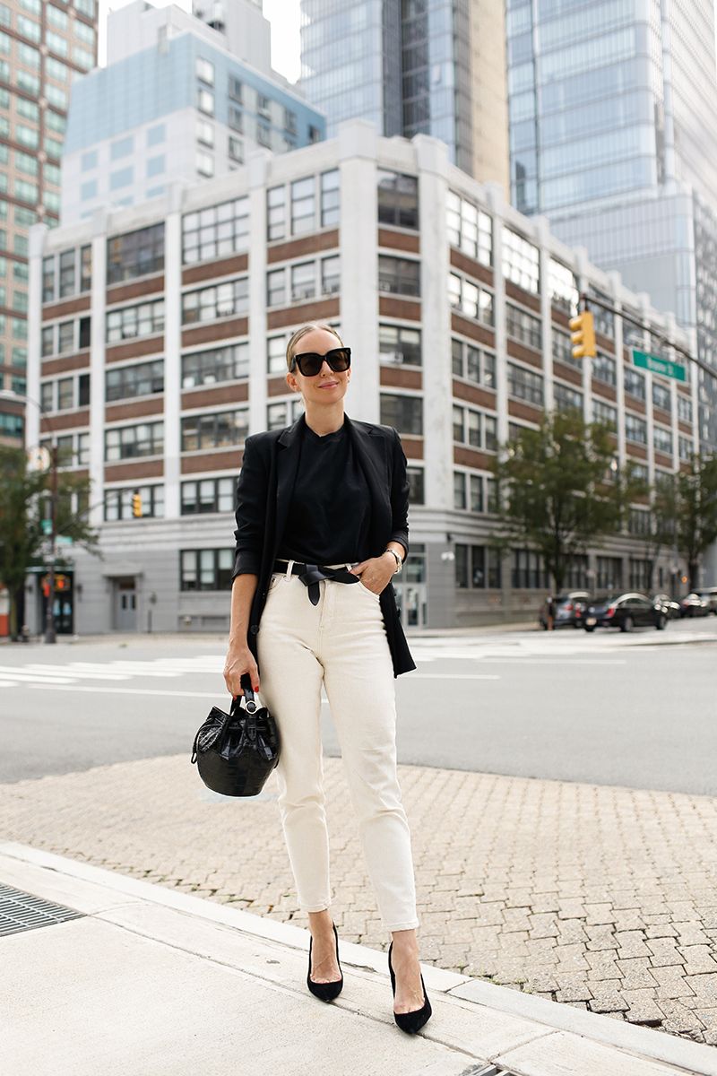 Isabel Marant Lecce Belt, Black Blazer Outfit, Cuyana Mini Drawstring Bucket Bag, Fall Structured Style, Helena of Brooklyn Blonde