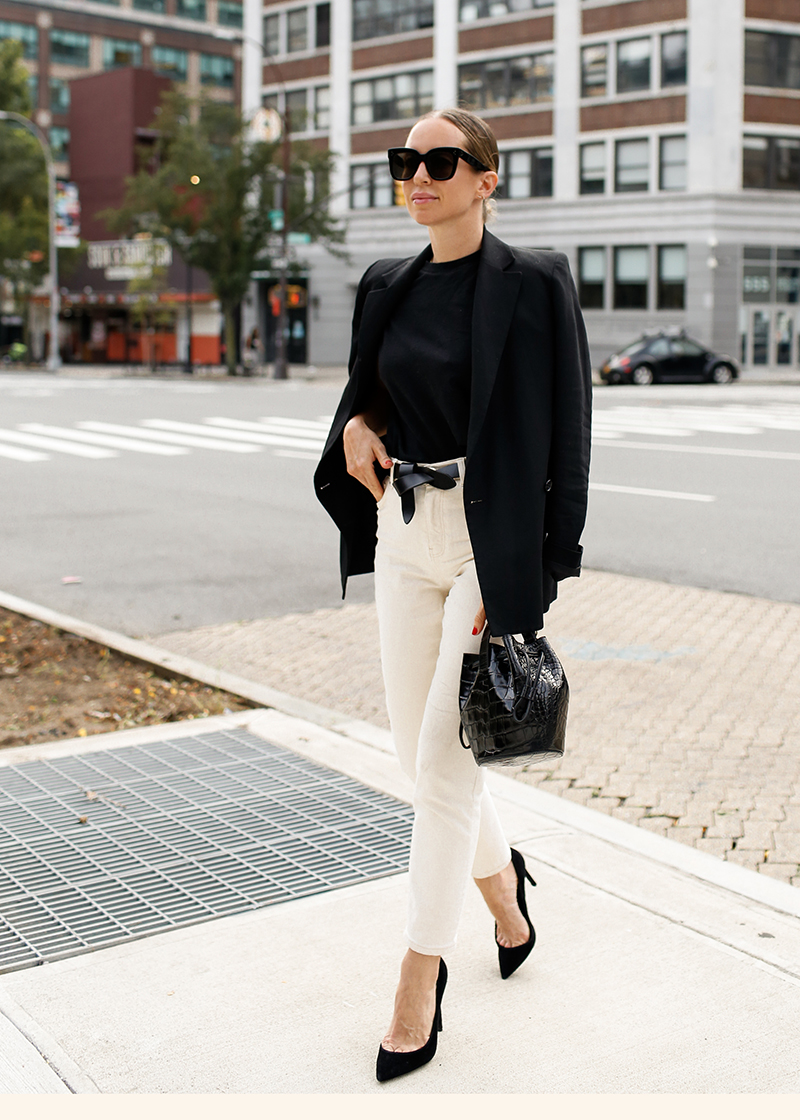 Isabel Marant Lecce Belt, Black Blazer Outfit, Cuyana Mini Drawstring Bucket Bag, Fall Structured Style, Helena of Brooklyn Blonde