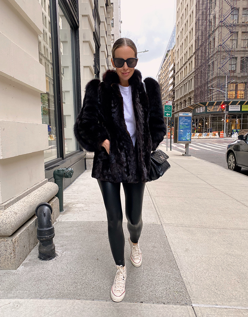 Oversize Faux Fur Coat, Commando Faux Leather Leggings, White Converse High Top Sneakers, Winter Style 2020, Helena of Brooklyn Blonde