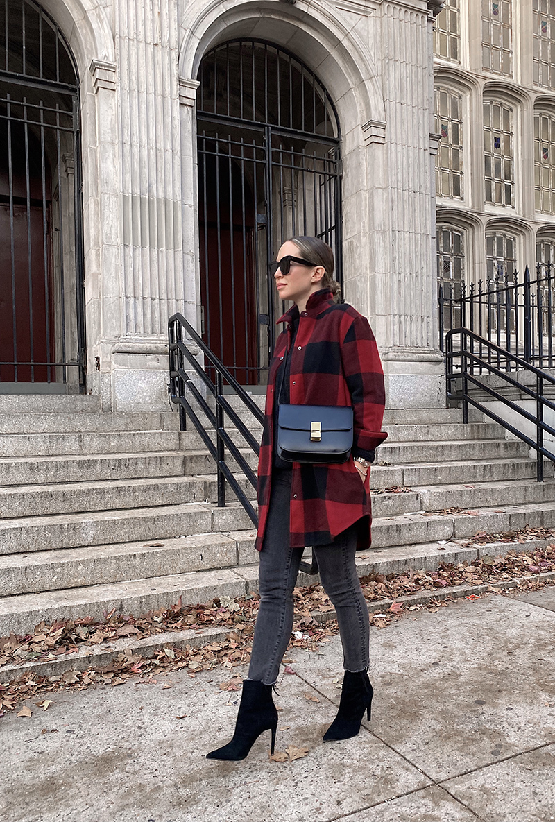 woman on gingham coat 