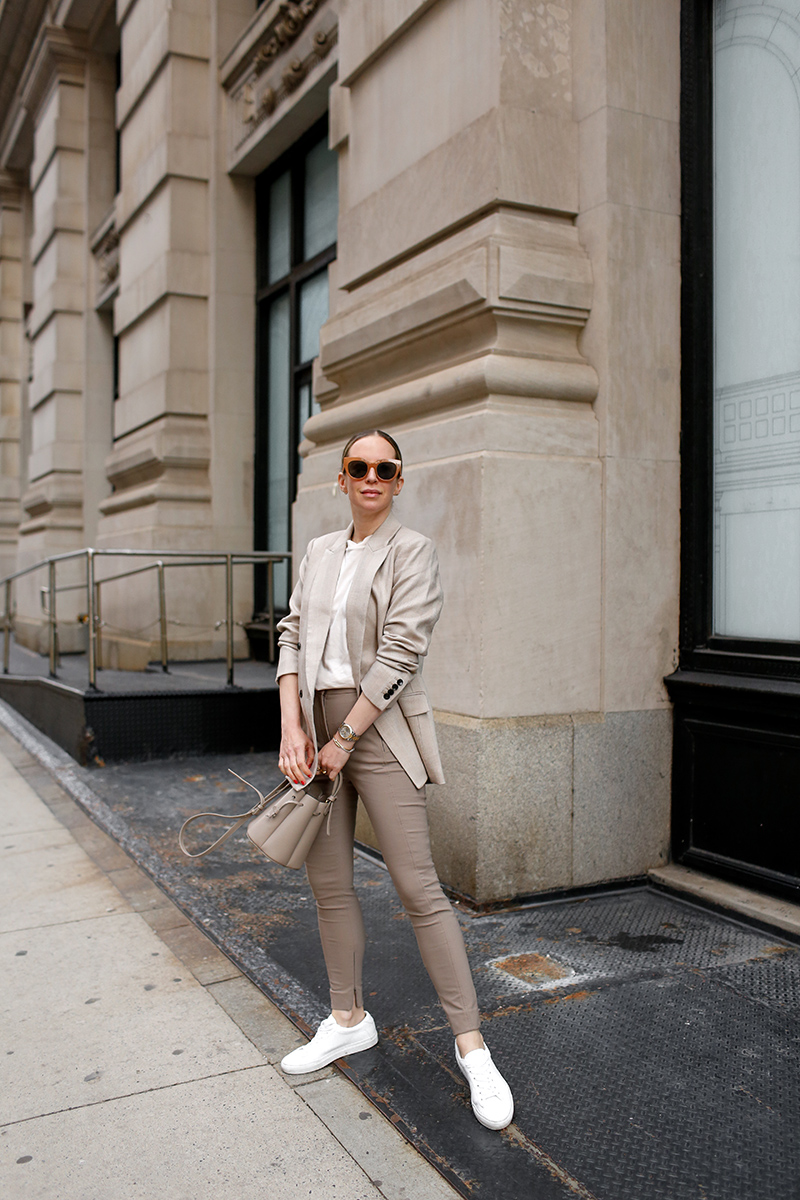 Monochromatic Beige Neutrals, Spring Outfit, M.M. LaFleur O'Hara Blazer, Curie Pant, Leslie T-Shirt, Low-Top Sneakers, Helena of Brooklyn Blonde for High Function High Style