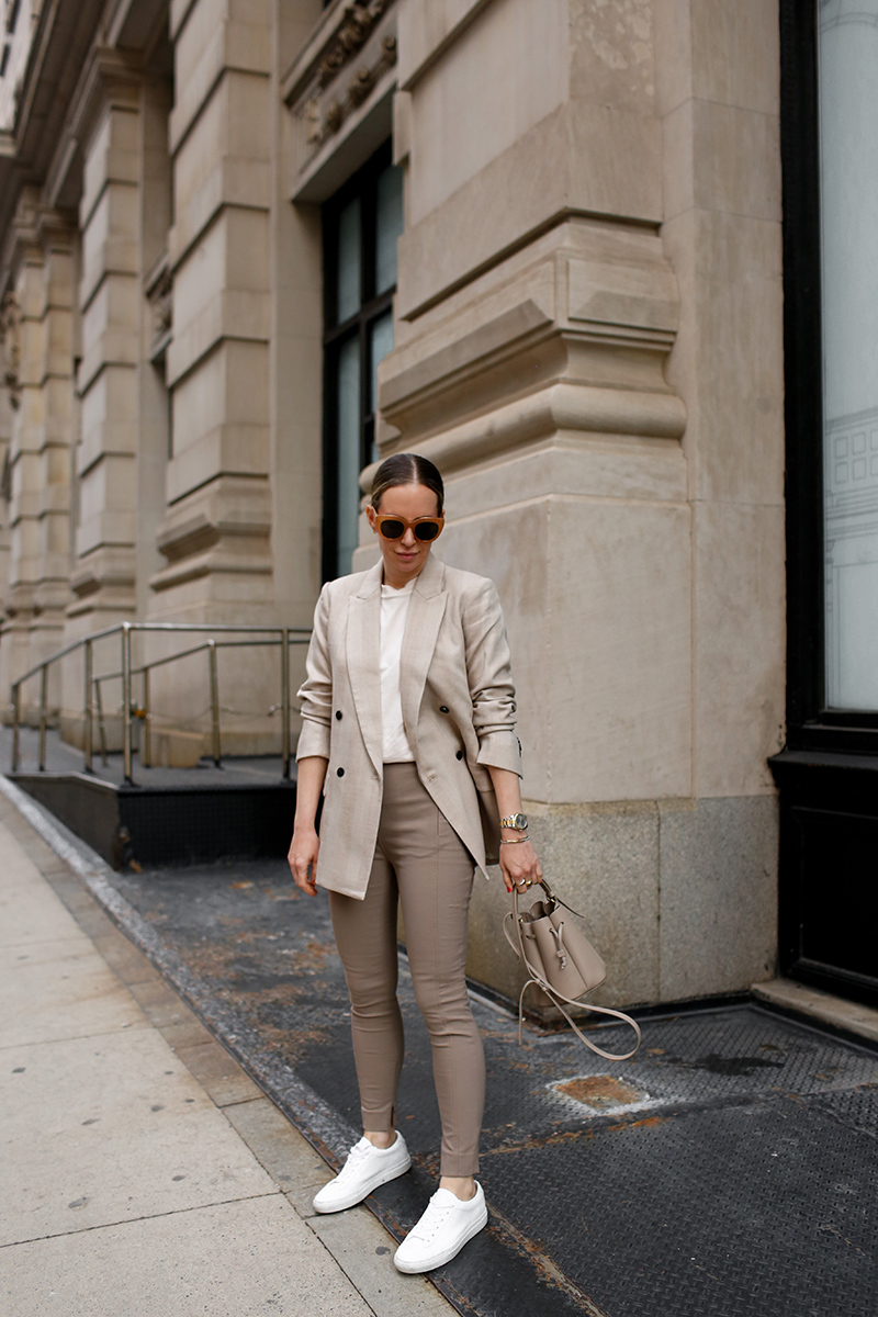 Monochromatic Beige Neutrals, Spring Outfit, M.M. LaFleur O'Hara Blazer, Curie Pant, Leslie T-Shirt, Low-Top Sneakers, Helena of Brooklyn Blonde High Function High Style