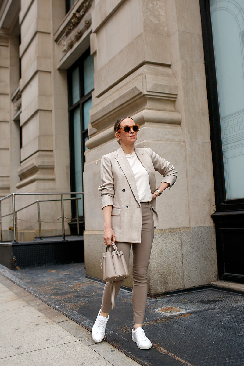 High Function High Style with Monochromatic Beige Neutrals, Spring Outfit, M.M. LaFleur O'Hara Blazer, Curie Pant, Leslie T-Shirt, Low-Top Sneakers, Helena of Brooklyn Blonde