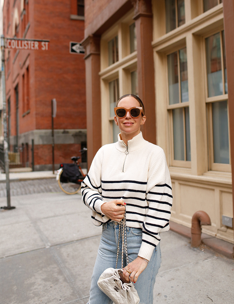 woman in the street and wearing white sweater and Favorite Pairs of Sunglasses