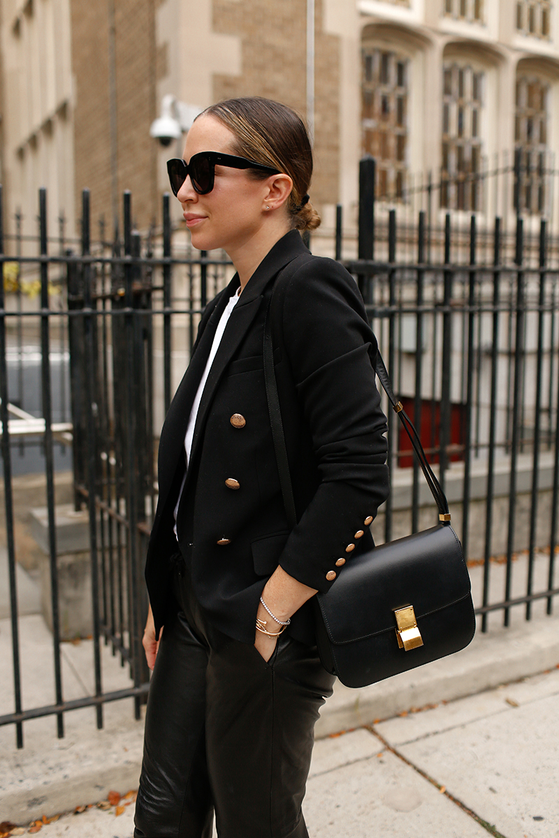 Black Blazer styled with black pants and black purse