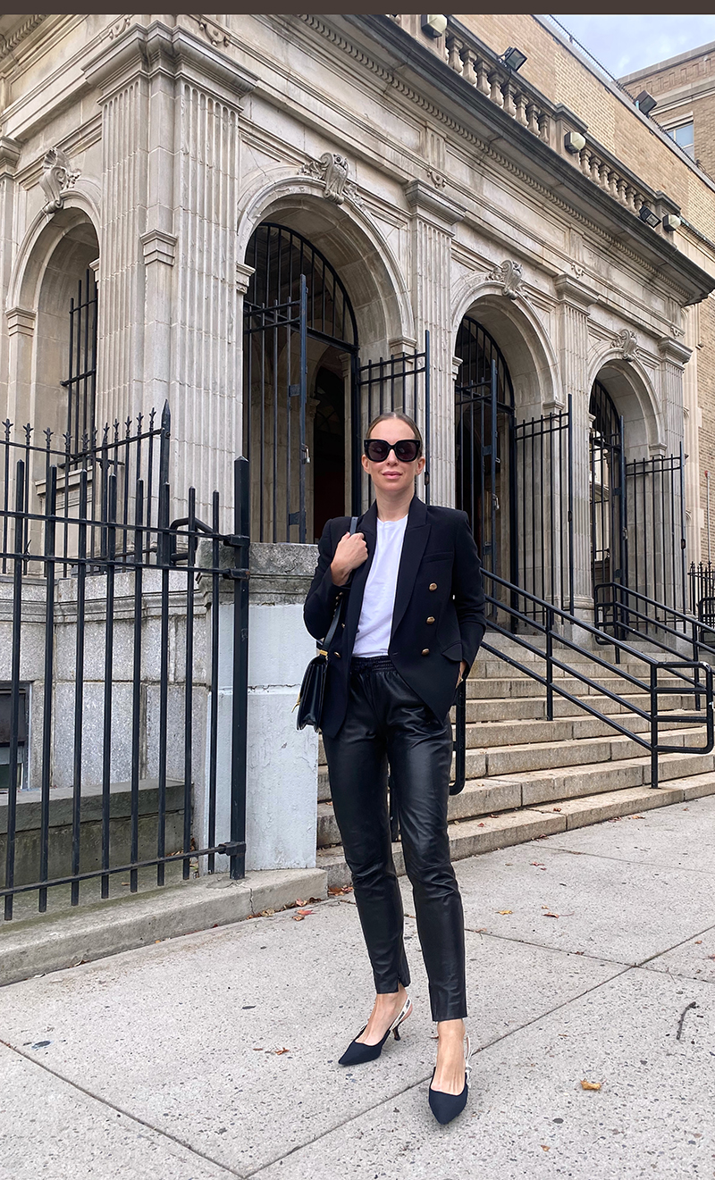 Black Blazer styled with white shirt and leather pants