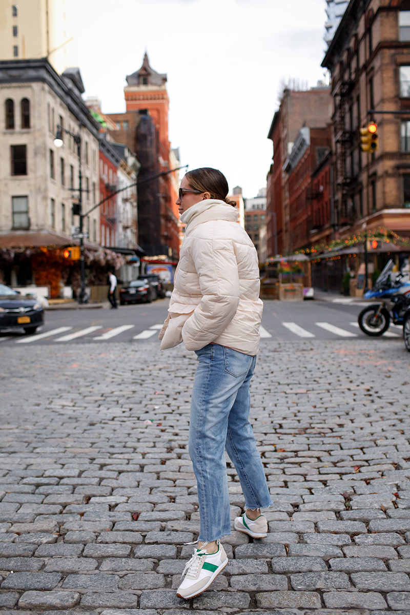 woman white coat and jeans for Casual Outfit Roundup