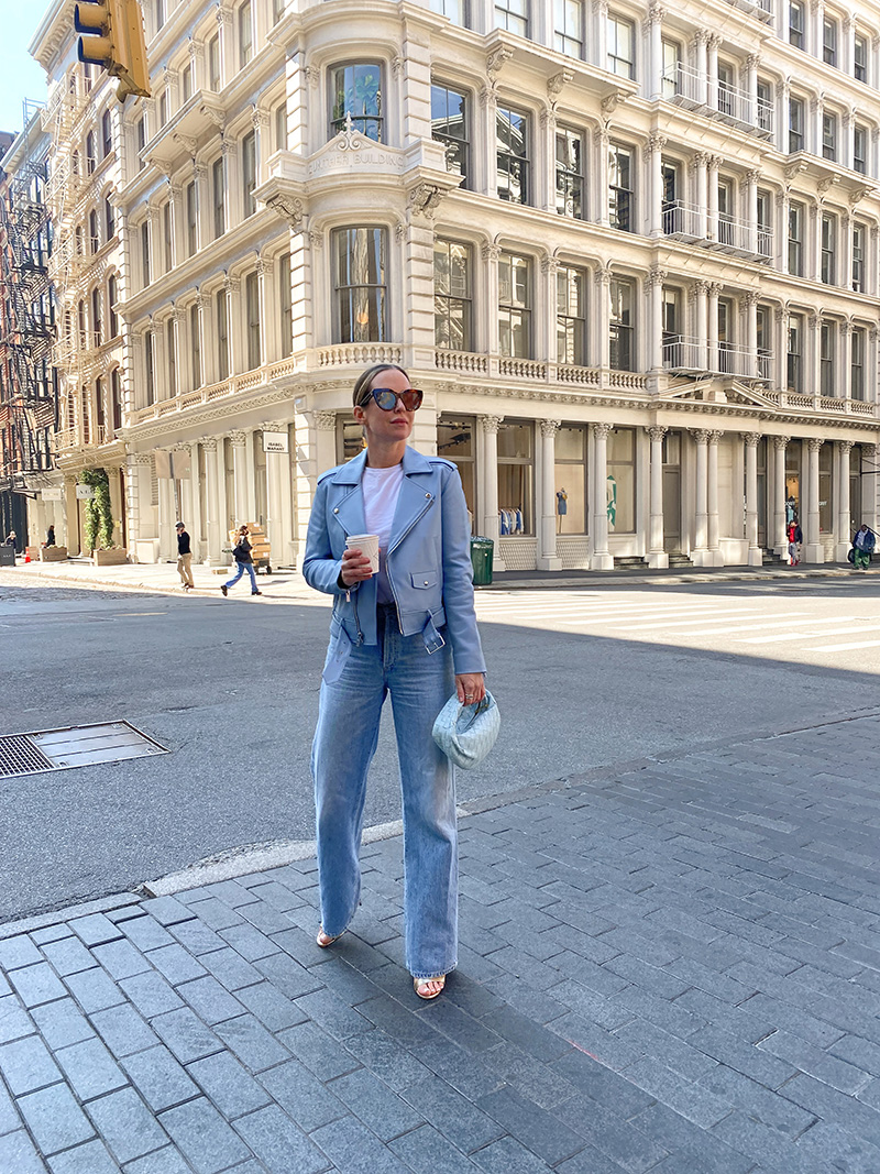 woman wearing denim jeans and leather jacket for Fall Denim Guide