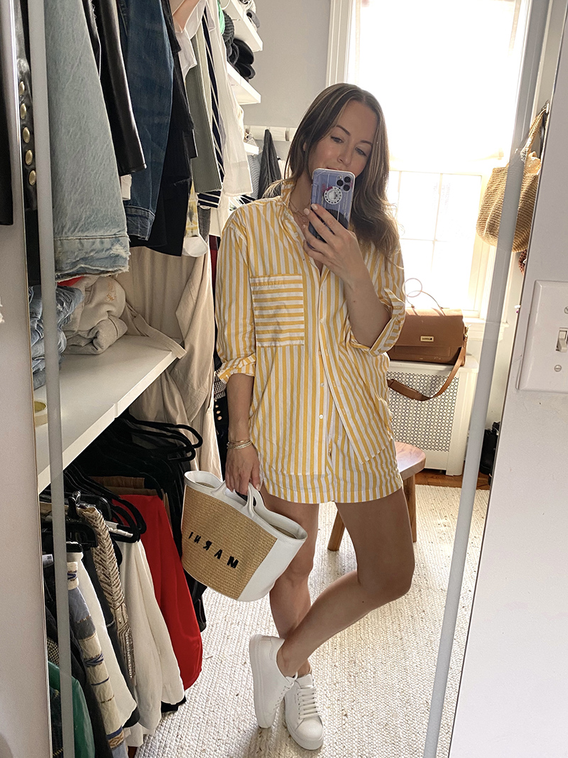 woman in striped yellow coordinates and white shoes from Shopbop Style Event