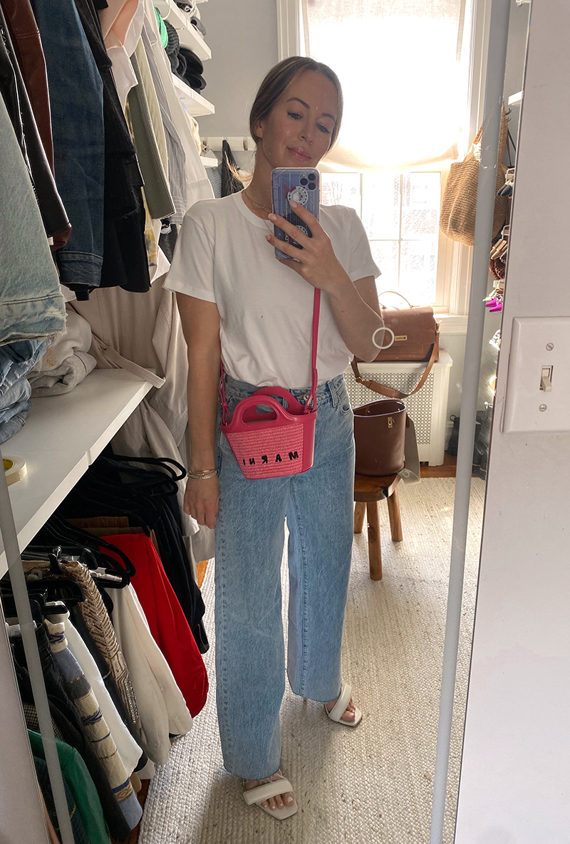 woman wearing white shirt and denim pants from Shopbop Style Event