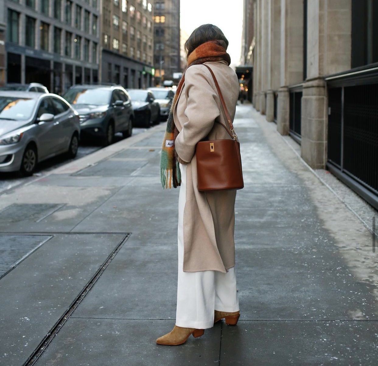 CELINE Triomphe Canvas Calfskin Small Drawstring Bucket Bag Tan 1290832