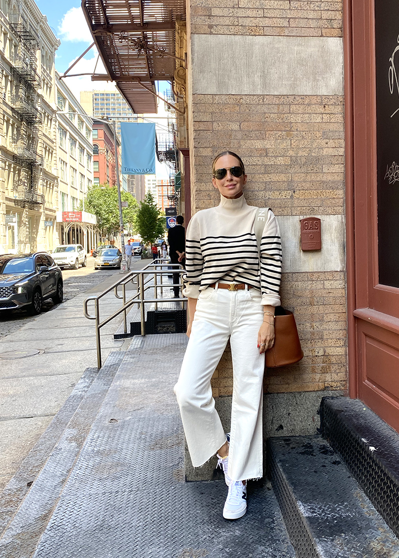 woman wearing Slvrlake Grace Crop in white and striped top