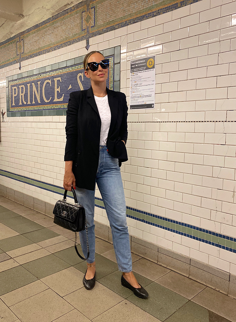 woman wearing white top, blazer, and denim for Fall Denim Guide