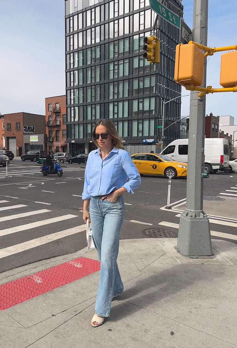 woman in The Tomboy Shirt one of the Three Transitional Looks with Sézane