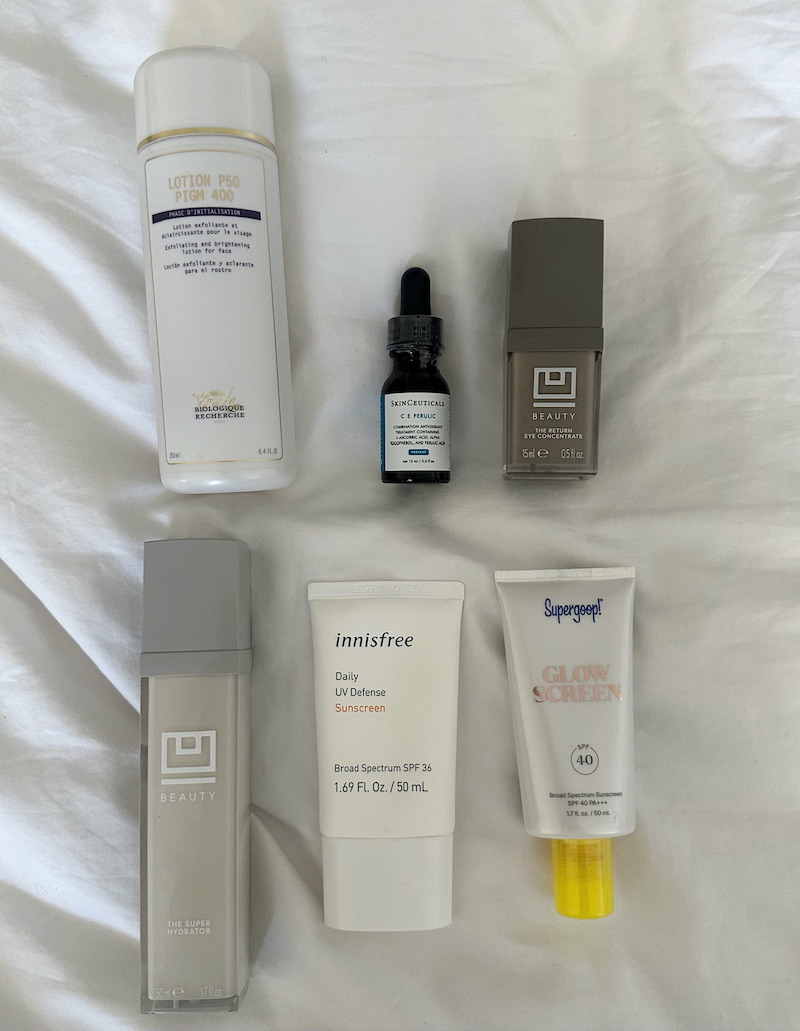 top view of My Current Skincare Routine products for day time