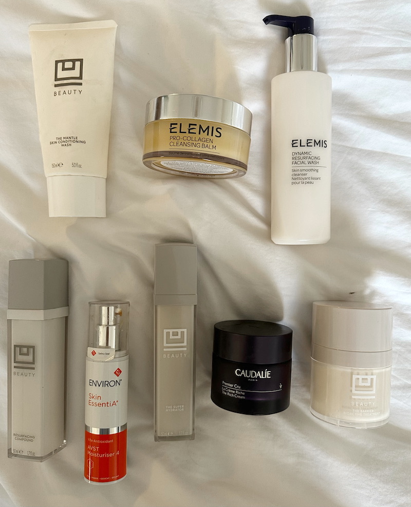 top view of My Current Skincare Routine products for night time